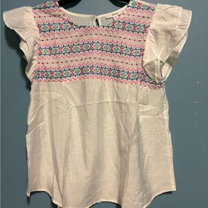 Mine White Embroidered Summer Top with Pink & Teal Accents